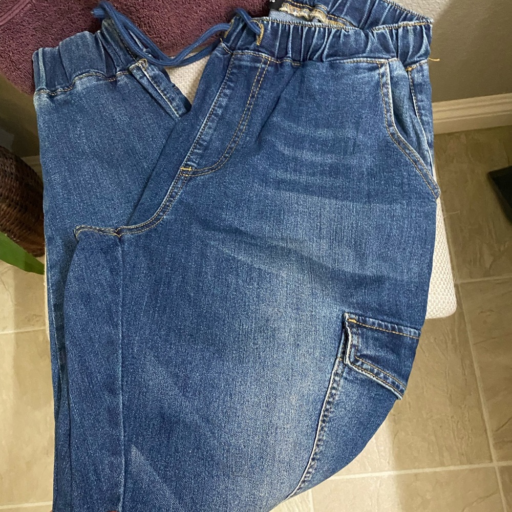 Very gently used, denim, cargo joggers.